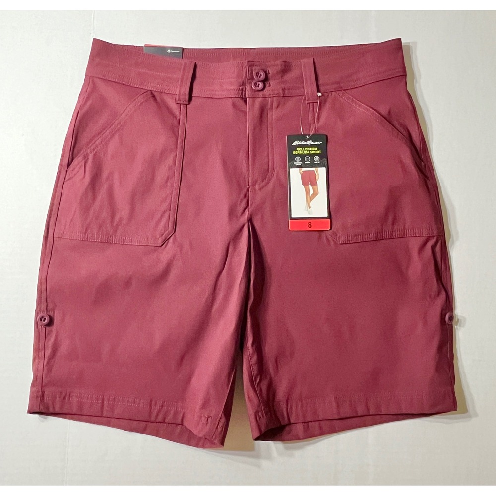 NWT Eddie Bauer Shorts Womens 8 Maroon Rolled Hem Bermuda‎ Shorts UPF 50 Stretch